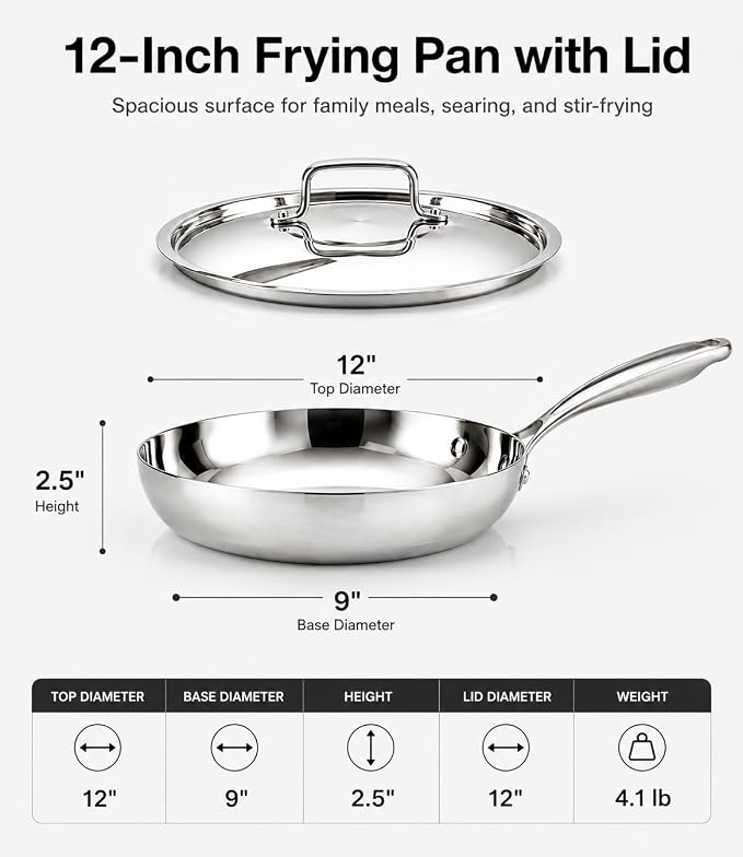 USELUCK 12 Inch Tri-Ply Stainless Steel Frying Pan with Lid - Image 6