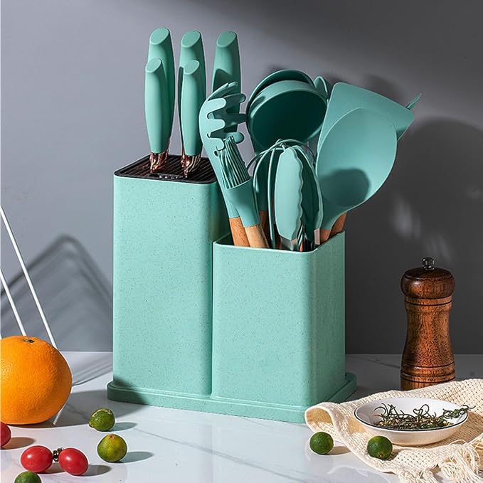 Kitchen Utensil and Knife Set with Storage, 19 in 1 Set with 11 Piece Silicone Cooking Utensils, 5 Pcs Sharp Stainless Steel Chef Knives Scissors Whisk Tongs and Cutting Board Teal - Image 7