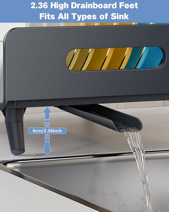 Dish Drying Rack with Drain Board, 304 Stainless Steel Core, Aluminum Rustproof Frame, Anti-Slip Elevated Feet, Removable Adjustable Spout, Utensil Holder, Gray - Image 4