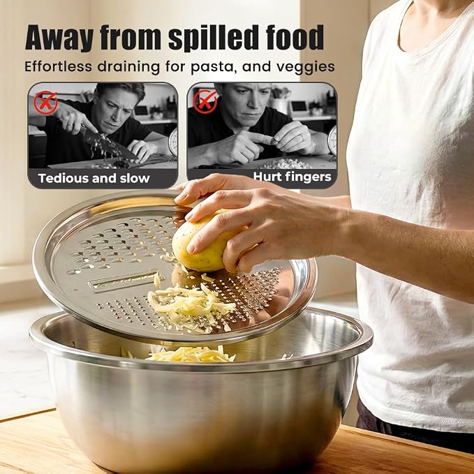 Germany Multifunctional Stainless Steel Basin, 3 in 1 Multifunctional Stainless Steel Basin Strainer Set with Grater, Strainer Drain Basket for Rinsing Draining Mixing (Extra Large (11.81in)) - Image 3