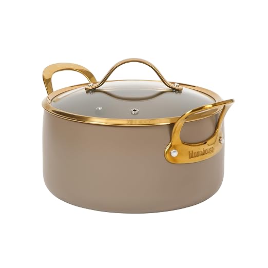 Bloomhouse - Two Time Oprah's Favorite Things Winner - 6 Quart Heavy Duty Aluminum Premium PFA Free Ceramic Nonstick Dutch Oven Pot with Lid - Cappuccino Cream with Gold Handle by Unknown