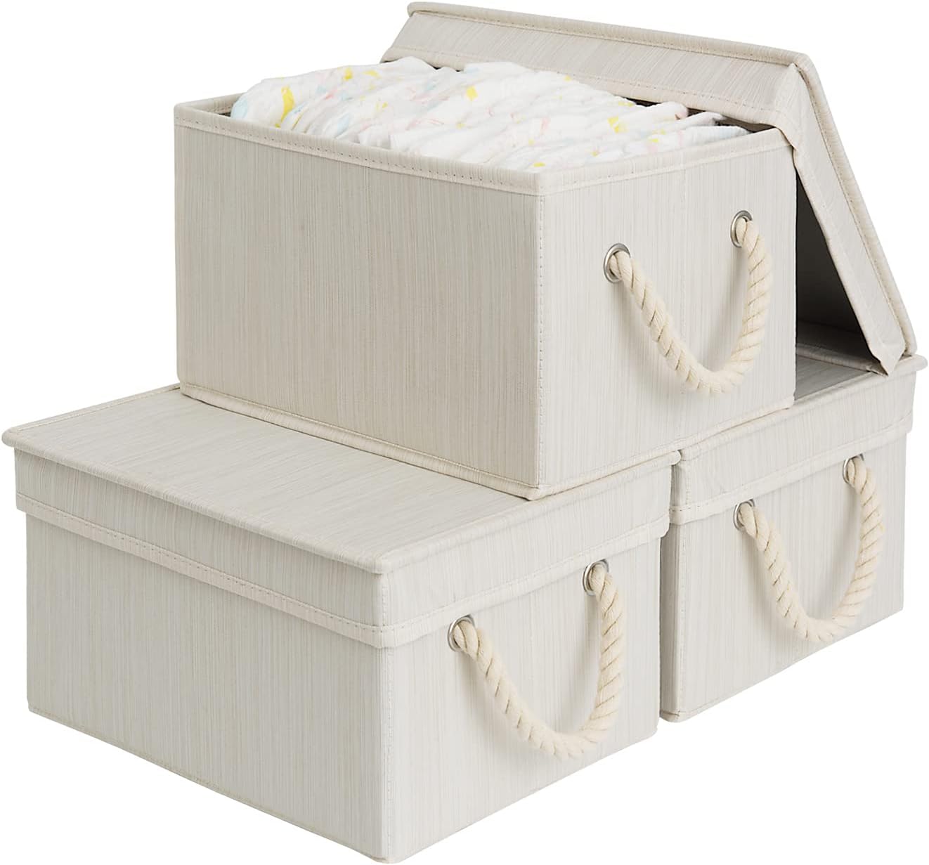 StorageWorks Storage Bins with Lids, Decorative Storage Boxes with Lid and Soft Rope Handles, Foldable Storage Baskets for Closet, Shelves, Stackable, Mixing of Beige, White & Ivory, Medium, 3-Pack
