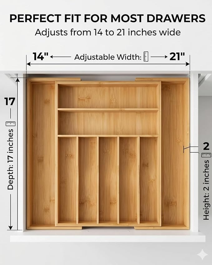 Expandable Bamboo Silverware Drawer Organizer, 5-7 Compartments - Image 2
