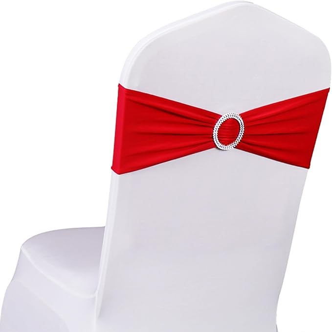Wedding Red Chair Sashes 100 Pack Spandex Chair Bows Bands with Buckles for Party Birthday Bridal Shower Engagement Banquets Anniversary Christmas Outdoor Events Decorations (Red) by SINSSOWL