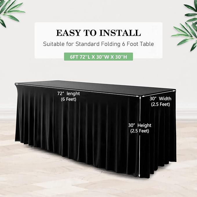 ManMengJi One-Piece Table Cover and Skirts for Rectangle Tables, 6FT Spandex Fitted Tablecloth with Ruffles Skirt for Weddings, Banquets, Parties, Vendors (Black 2Pack) - Image 4