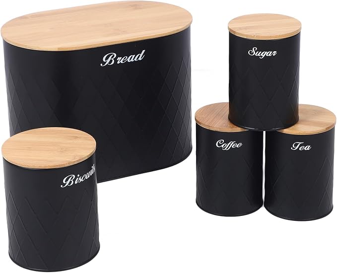 Set of 5 Bread Box and Canister Set for Kitchen Countertop, Metal Bread Bin Biscuit Sugar Tea Coffee Storage Canister with Lid, Black - Image 6