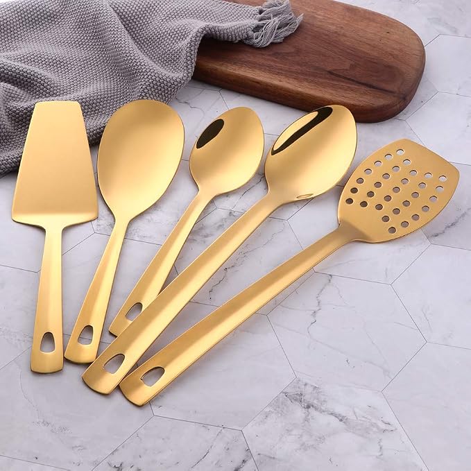 Stainless Steel Kitchen Utensil Set, BuyGo 12-Piece Gold Cooking Utensils with Integrated Hanging Loop, Mirror Polish and Dishwasher Safe - Image 3