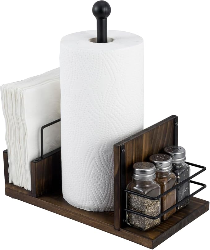 MyGift Wood Paper Towel, Napkin, Salt & Pepper Holder Caddy, Black Metal by MyGiftHome