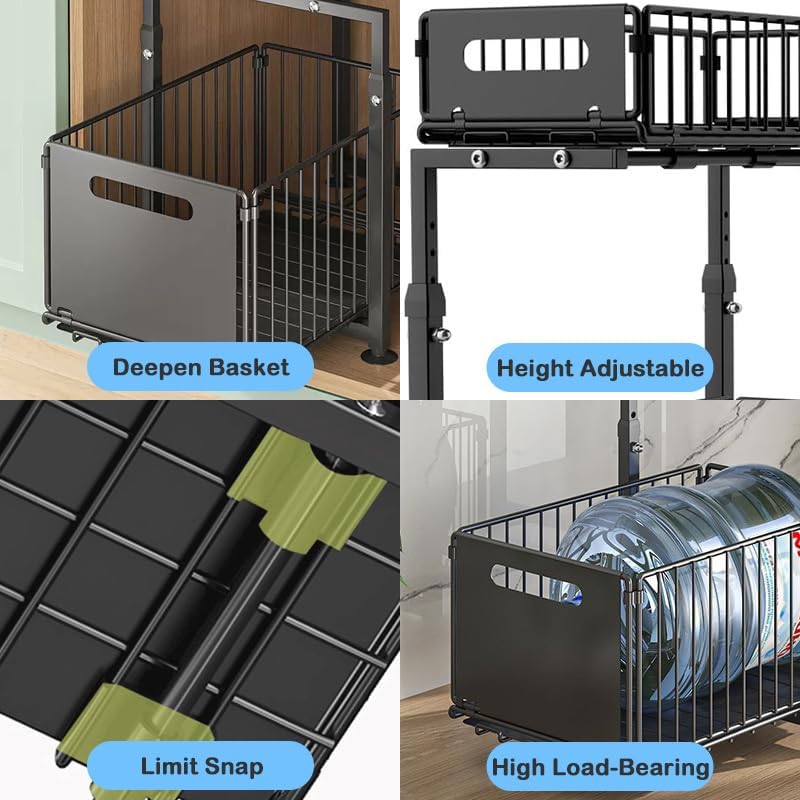 Under Sink Organizer with Adjustable Height, 2 Tier Pull Out Cabinet Design, Sliding Sink Shelf for Enhanced Storage Capacity, Counter Organizer Storage for Kitchen & Bathroom, Black, 2 Pack - Image 5