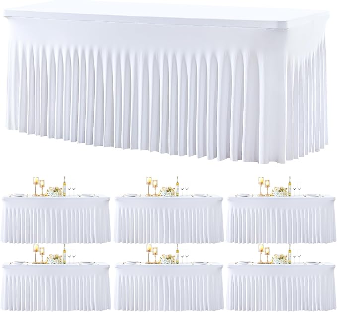 Besutolife 6 Pack White Spandex Tablecloth for 8ft Rectangle Tables Fitted Table Cloth Stretch Table Covers Skirt 8ft Rectangular Tablecloths for Banquet Parties Wedding Decorations by Besutolife