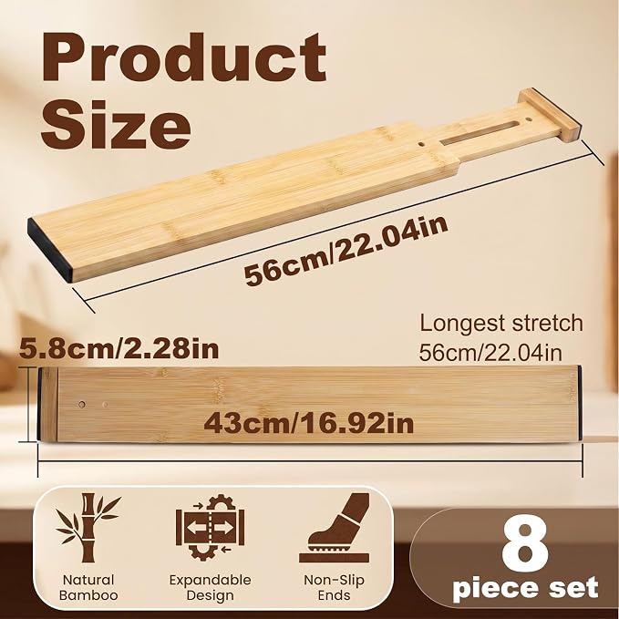 Joyeee Kitchen Drawer Dividers 8 Pack, 16.9-22" Adjustable Bamboo Drawer Organizer, 2.28" High Expandable Utensils Separators for Closet, Dresser, Bathroom, Bedroom - Image 4