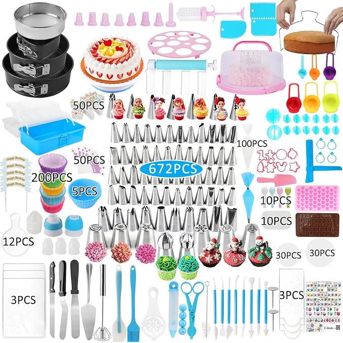 Cake Decorating Kit, 672 Pcs Cake Decorating Supplies Stand With Cake Carrier Holder Springform Pan Sets 3-Layer Toolbox Organizer Icing Piping Nozzles Cake Rotating Turntabl Baking Supplies Set Tools by Unknown