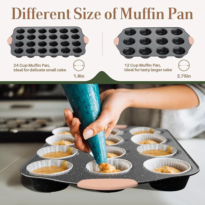 11-Piece Baking Pans Set, Nonstick Bakeware Sets, Oven Pans, Khaki&Black | Stackable Non-Toxic Baking Set with Silicone Handles, Includes Cookie Sheet, Cake Pans, Loaf Pan, Pizza Pan, Muffin Pan - Image 3