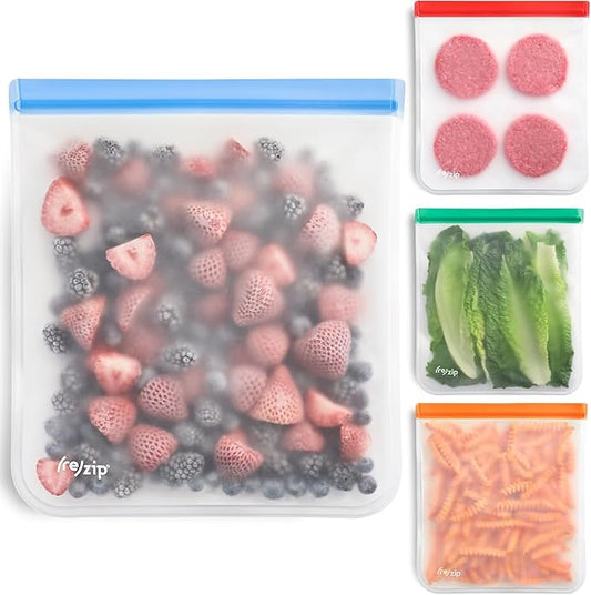 (re)zip Reusable Gallon Freezer Food Storage Bags, Leakproof, 4-Pack, Multi | Food-grade, BPA-free, freezer-safe, leakproof. Holds 128 oz for meal prep, marinates, freezer storage and on the go. by rezip