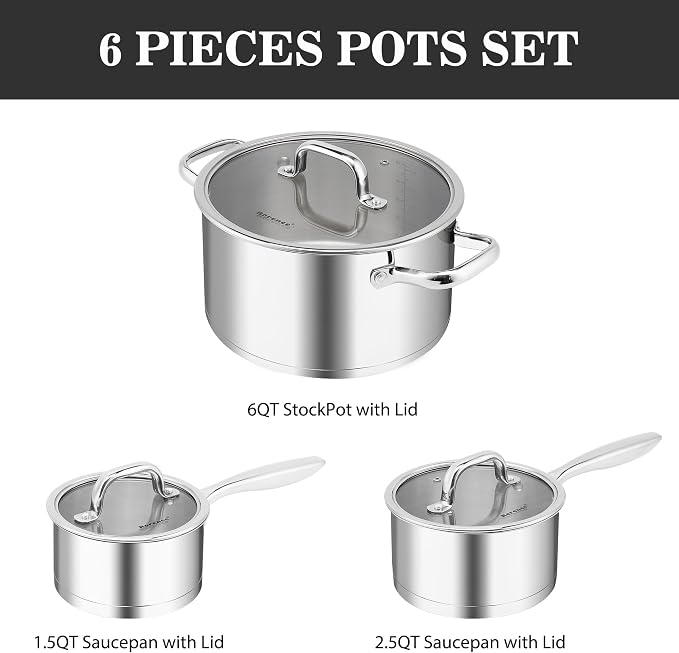Rorence 3-Piece Stainless Steel Pots and Pans Set,1.5Qt/2.5Qt Saucepans,6Qt - Image 5