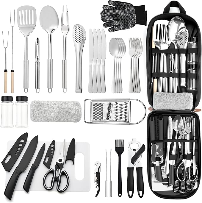 THTYBROS Portable Camping Kitchen Utensil 34 Pcs Set- Cookware Kit, Stainless Steel Outdoor Cooking and Grilling Utensil Organizer Travel Set Perfect for Travel, Picnics, RVs, Camping, BBQs, Parties by THTYBROS