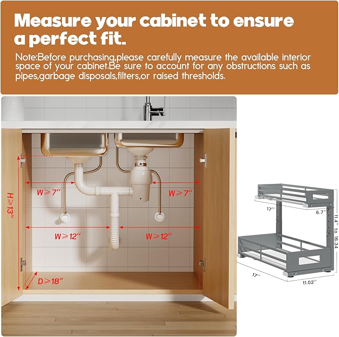 2-Pack 17"Deep Under Sink Organizer And Storage, 2-Tier L-Shaped Pull Out Cabinet Organizer with Upgraded Slide Rails, Height Adjustable Drawers for Kitchen&Bathroom, Extra-Large Storage Shelves–Gray - Image 2