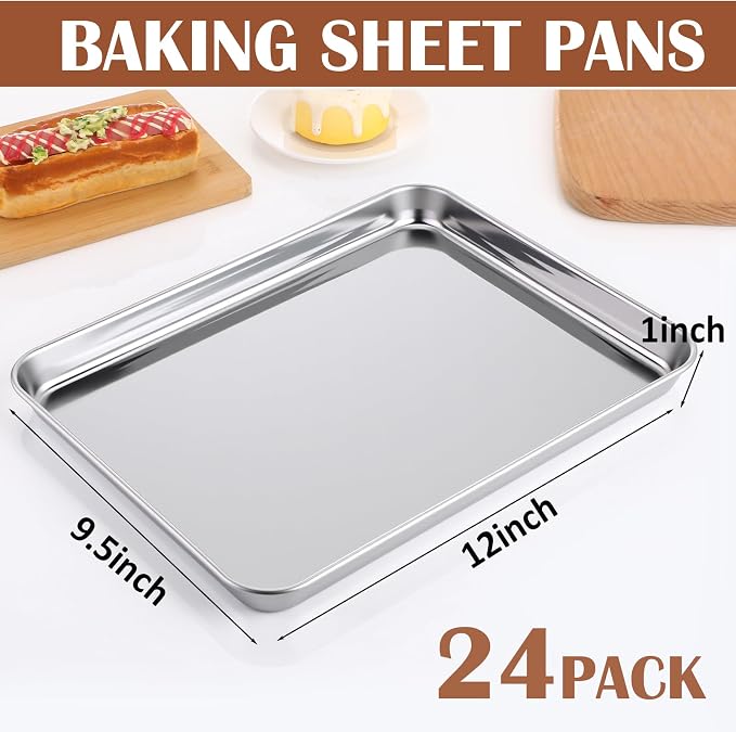 meekoo 24 Pcs Metal Baking Sheet Pans for Oven, 12 x 9.5 x 1 Inch | Stainless Steel Cookie Sheets with 1 Inch Rim, Dishwasher Safe Small Toaster Oven Trays for Baking, Roasting and Serving - Image 2