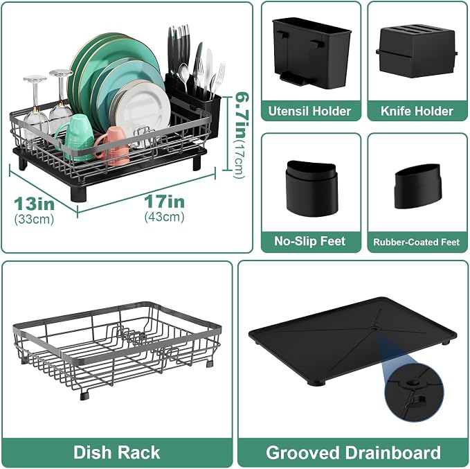 MOUKABAL Dish Drying Rack with Drainboard for Kitchen Counter, Grey - Image 2
