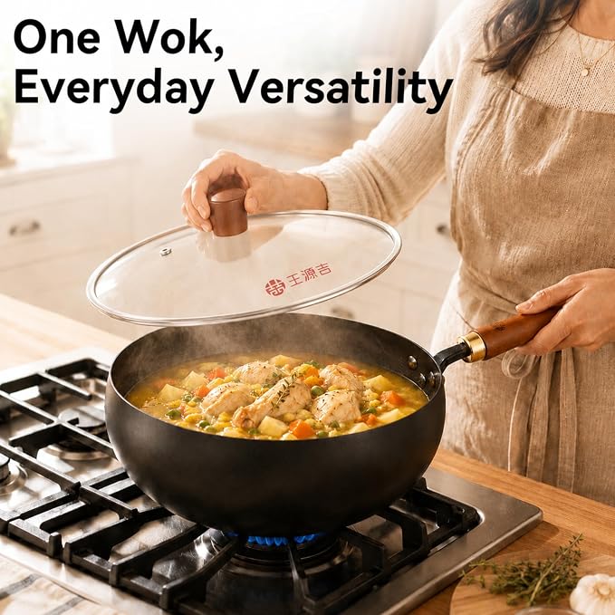 WANGYUANJI 9.5-Inch Carbon Steel Wok with Lid, Flat Bottom Stir Fry Pan - Image 7
