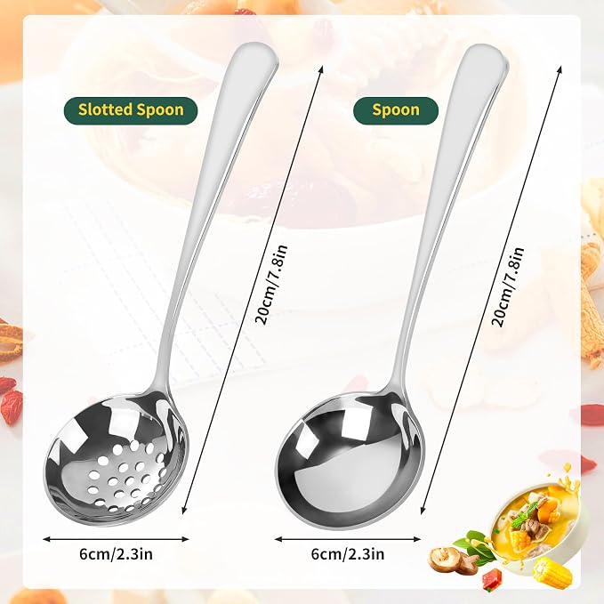 2 Pieces Slotted Spoon and Soup Ladle Stainless Steel Set, 20 cm Ladle Polished, Sauce Spoon, Slotted Spoon for Cooking, Stainless Steel, Dishwasher Safe, Ladle for Serving, Broth and Sauces - Image 2