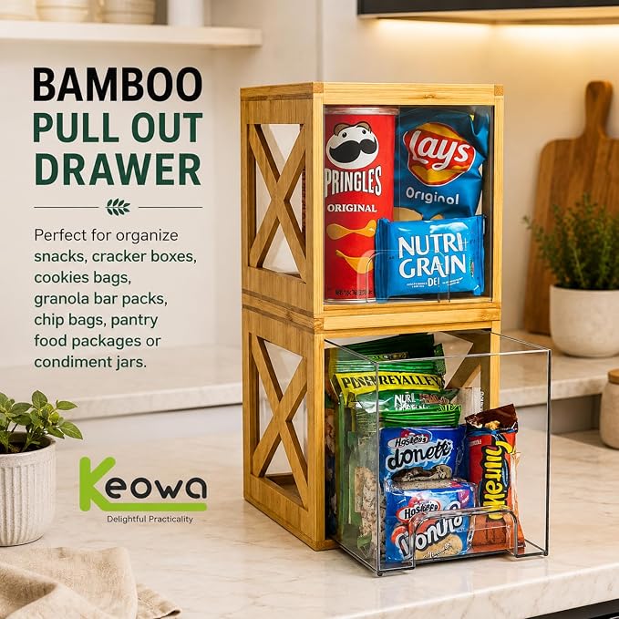 Bamboo Snack & Pantry Organizer, Stackable Pull-Out Drawers, 2 Pack - Image 4