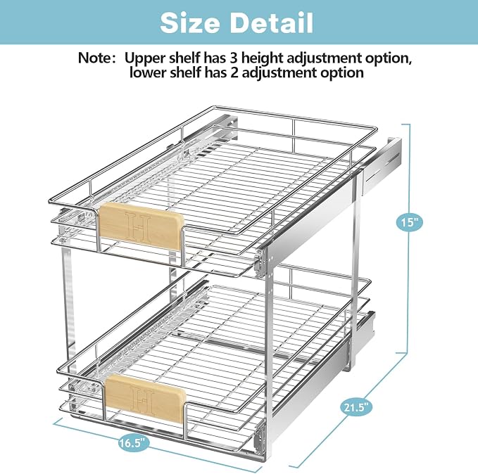 LOVMOR 2 Tier Pull Out Cabinet Organizer 16½" W x 21½" D, Slide Out Drawers with Wooden Handle, Sliding Shelves Organization and Storage for Kitchen, Pantry - Image 3