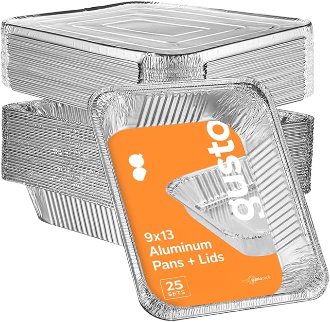 GUSTO 9x13 Inch Aluminum Foil Pans With Lids [25 Sets] Half Size Deep | Thicker 37.4 Gauge, Food-Safe Tin Disposable Trays, Freezer-Safe, Oven, Grill & Smoker Use, Secure Transport, Recyclable by GUSTO
