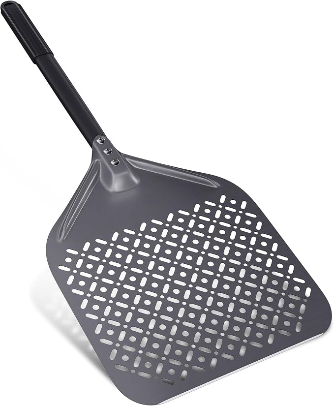 12 Inch Rectangular Pizza Peel, 12" x 14" Perforated Anodized Aluminum Pizza Turning Peel, Pizza Turning Paddle, 28.4 Inch Overall by NUTUNIDESIGN