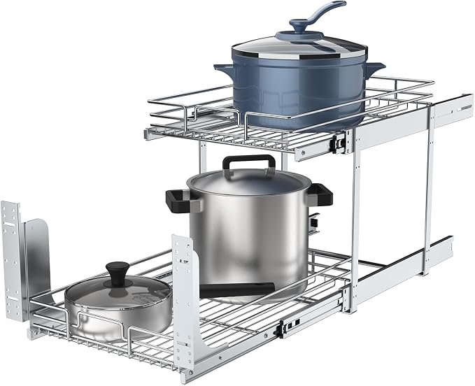 2 Tier Pull Out Cabinet Organizer, 23" W x 21" D Heavy-Duty Metal Sliding Drawer Shelf for Kitchen Cabinets, Chrome, Doesn't Include Door Fittings - Image 5