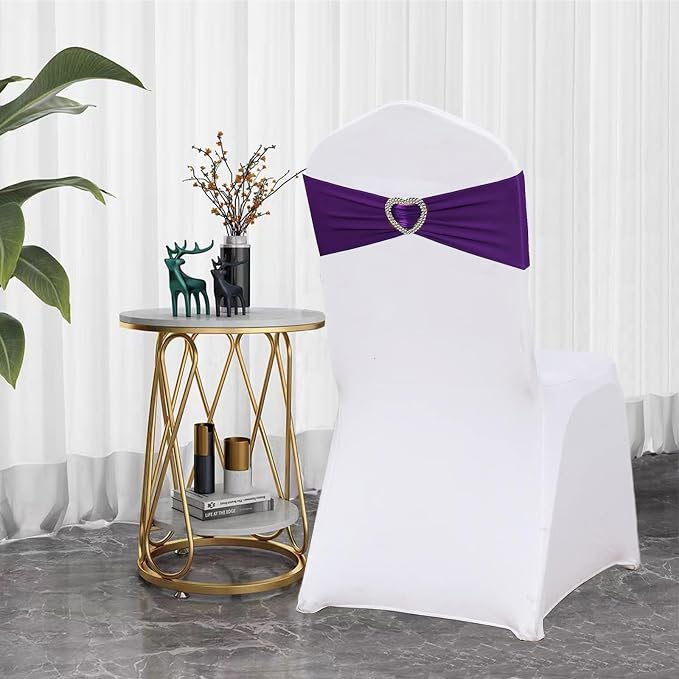 Purple Chair Sashes 50 Pack Spandex Purple Sashes for Chairs Covers Universal Stretch Chair Sashes Band with Heart Buckle Slider Sashes Bows for Wedding Banquet Party Decorations - Image 3