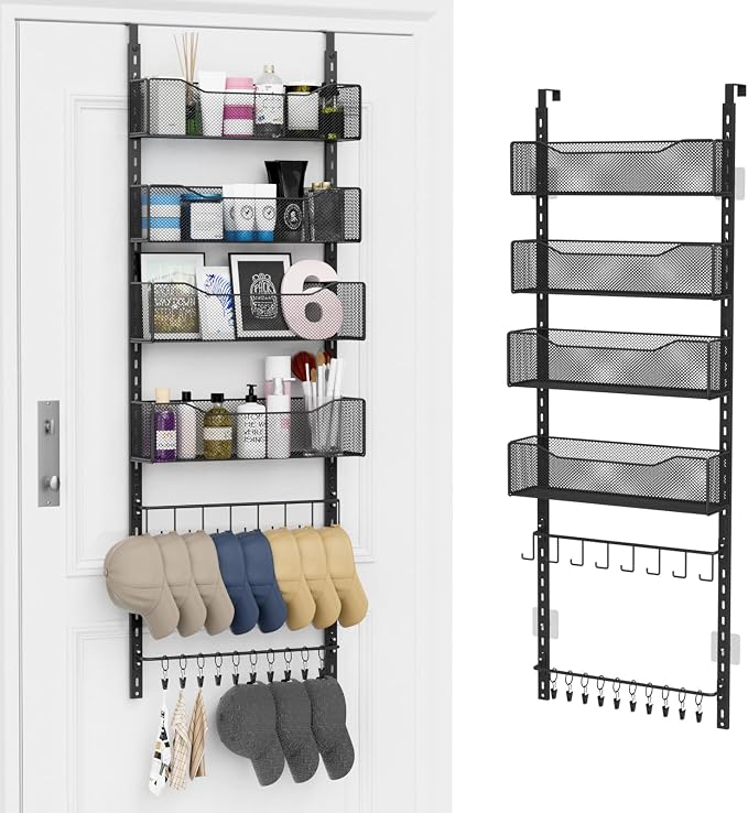Over the Door Organizer, 2 in 1 Metal Hanging Closet Organizer & Hat Rack with 4 Adjustable Baskets, 8 Hooks, 10 Clips, Behind The Door Storage for Bedroom, Bathroom, Entrance, Closet, Kitchen, Black by NEYCIL