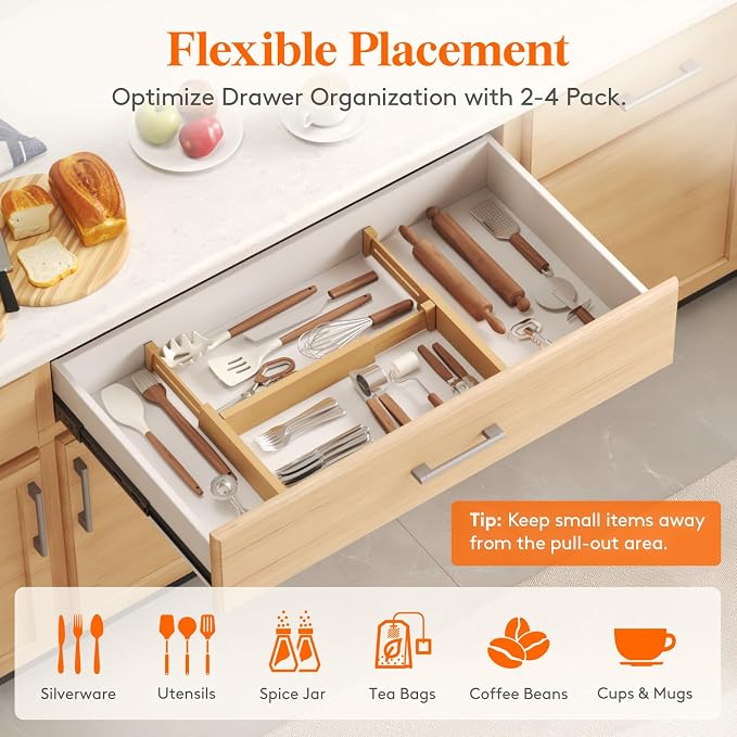 Lifewit 2.4" Kitchen Drawer Dividers, Adjustable Bamboo Drawer Organizers - Image 6