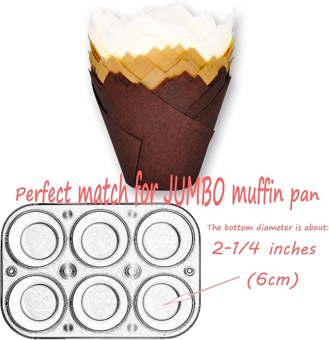 (JUMBO EXTRA LARGE size) Natural+Brown+White Tulip Baking Cups 2-1/4"(Base diameter) x 3-3/4"(Wall height) Greaseproof paper baking cupcake Muffin liners, Case of 130 pcs - Image 3