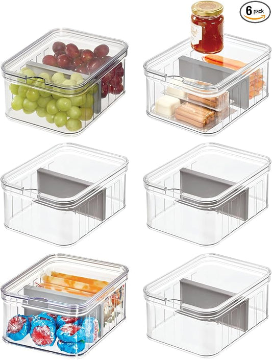 iDesign Small Fridge Organizer Bin with Removable Divider and Lid - Set of 6 - Clear/Gray by iDesign