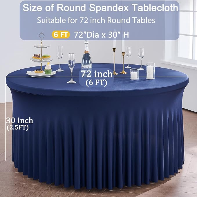 12 Pack Navy Blue Spandex Round Tablecloths for 72 inch Table, Wrinkle Free Stretchy 132inch Fitted 6FT Round Table Cloths Cover with Skirt for Wedding Party Dining Banquet Events - Image 6