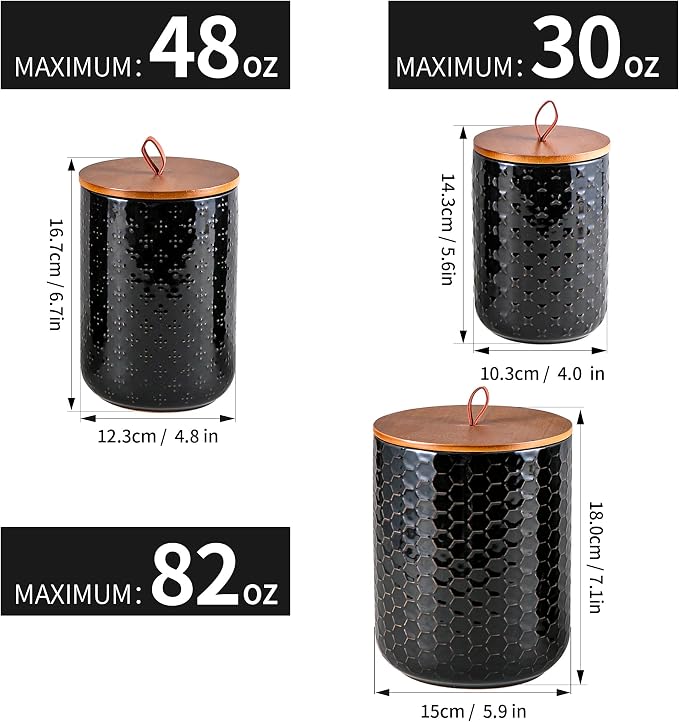 JOJUNO Black Embossed Ceramic Canister 3 Piece with Airtight Bamboo Lid - Image 2