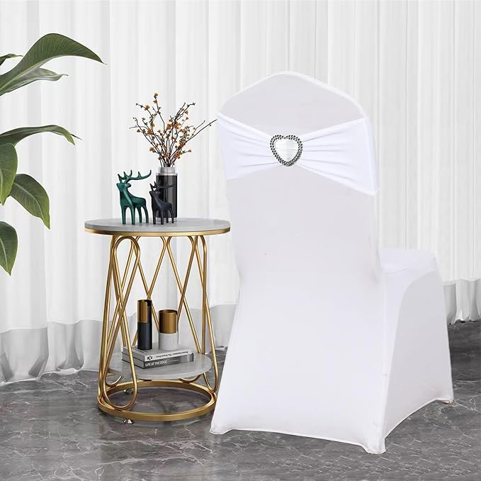 White Spandex Chair Sashes 50 Pack Spandex White Sashes for Chairs Covers Universal Stretch Chair Sashes Band with Heart Buckle Slider Sashes Bows for Wedding Banquet Party Decorations - Image 3