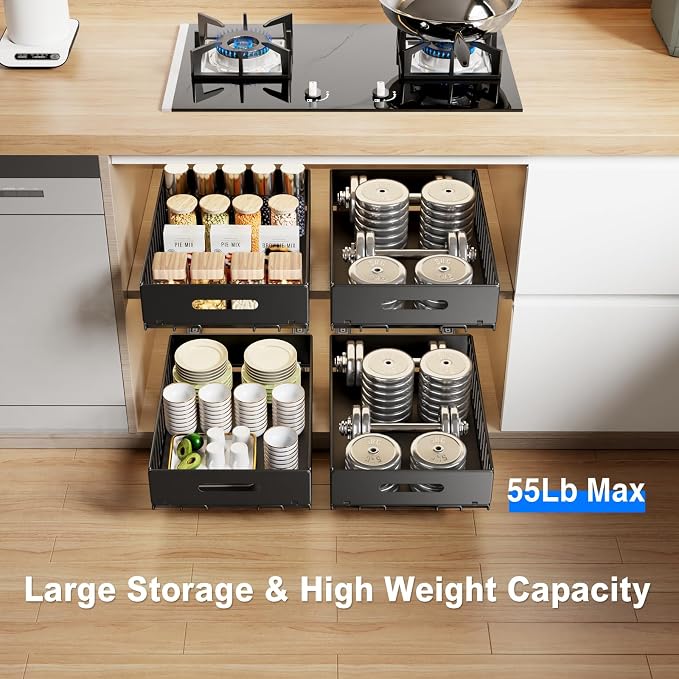 Mustorn 2 Pack Pull Out Cabinet Organizer, Slide Out Drawers for Cabinets, Peel and Stick, Heavy Duty Shelves for Kitchen, Cupboard, Pantry, Bathroom (16.5"D*11.8"W*3.94"H-Black) - Image 2
