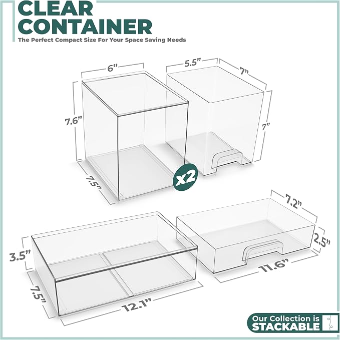Sorbus Clear Stackable Storage Drawers (3 Pack, 7.6'' Tall and 12.1'' Wide) - Image 3