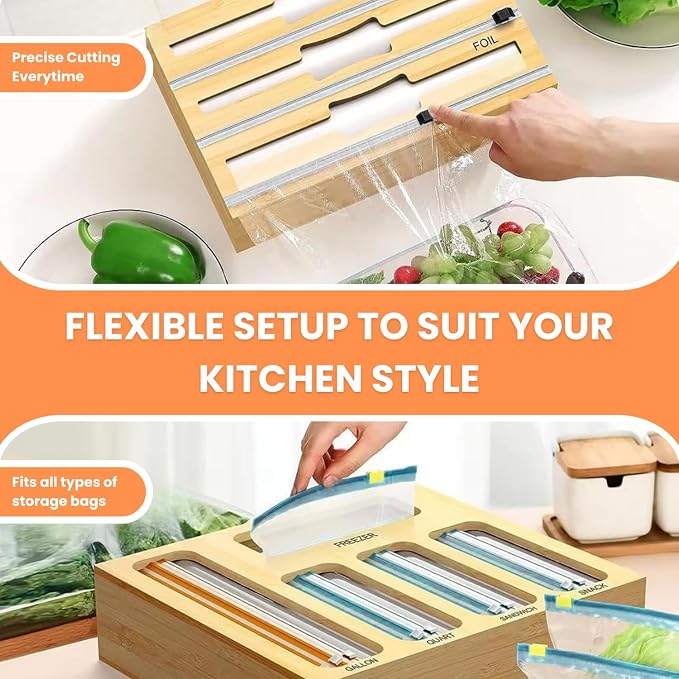 Storage Bag Organizer for Kitchen Drawer, Foil and Plastic Wrap with Cutter, Organizers Compatible Gallon, Quart, Sandwich Snack Size 9 in 1 - Image 6