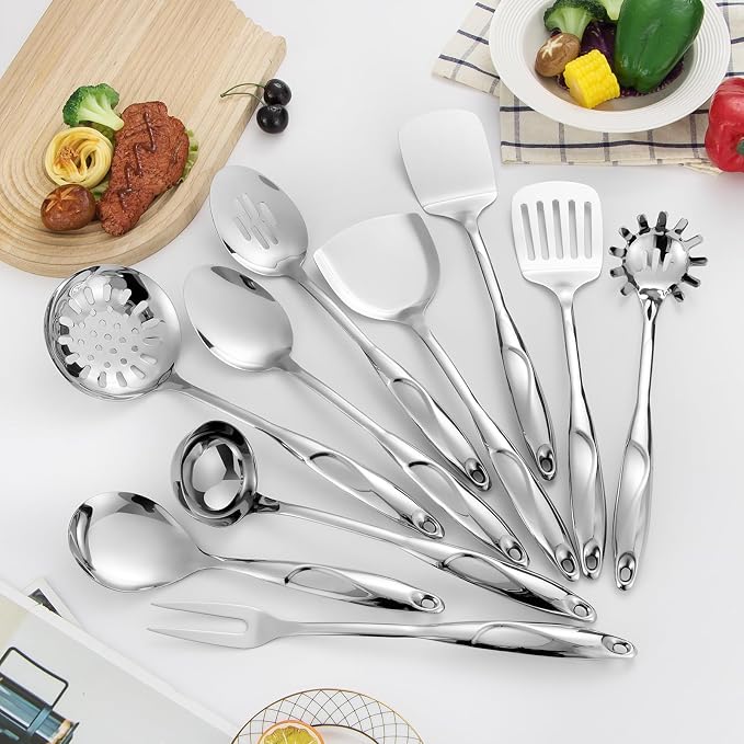 304 Stainless Steel Kitchen Utensils Set, 10 Pcs Metal Cooking Utensil, Mirror Polished Kitchen Gadget Cookware and Kitchen Tool Set, Dishwasher Safe - Image 3
