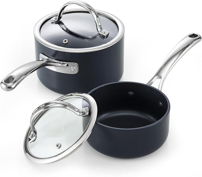 Cooks Standard Classic 1 Quart and 2 Quart Nonstick Saucepan Set with Glass Lids, Hard Anodized Non Stick Sauce Pans, Small Kitchen Cooking Sauce Pots Mini Milk Pans, Dishwasher Safe Cookware, Black by CooksStandard