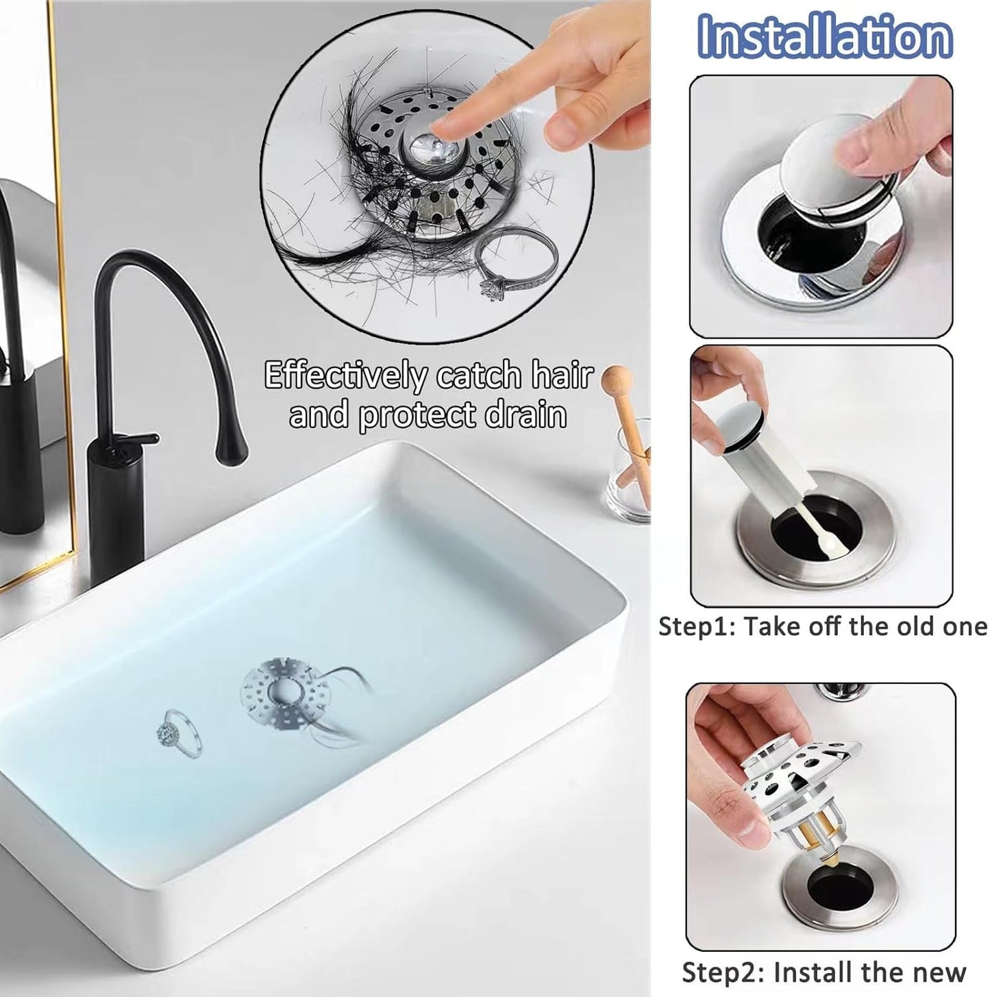 Bathroom Sink Stopper,Sink Hair Catcher,Bathroom Sink Drain Strainer Pop Up Drain Cover Plug,Universal for 1.1 to 1.65in Sink Drain Hole