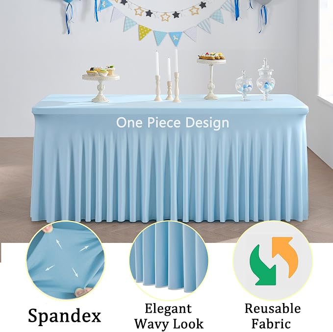 2Pack Baby Blue Spandex Table Clothes for 6 Foot Rectangle Tables, Fitted Table Cover 6ft Stretch Tablecloths Desk Skirt for Parties Weddings Birthday Banquet Baby Shower - Image 3