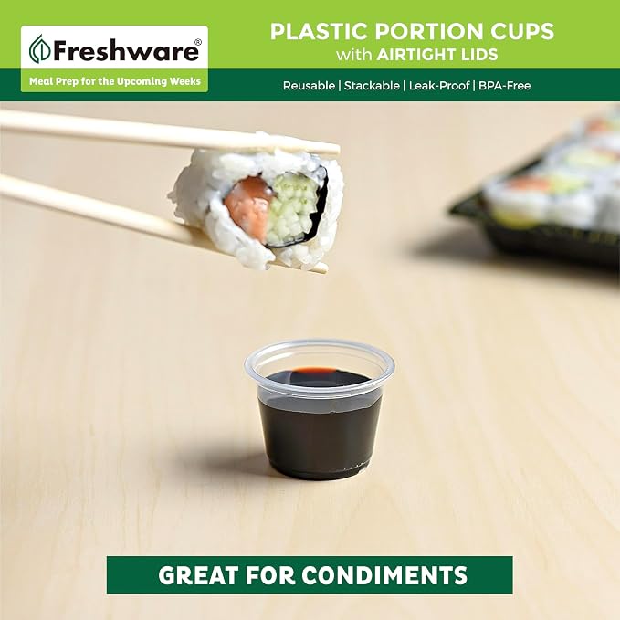 Freshware Plastic Portion Cups with Lids [1 Ounce, 200 Sets] Disposable Plastic Cups for Meal Prep, Salad Dressing, Jellos Shot Cups, Souffle Cups, Condiment and Dipping Sauce Cups - Image 4