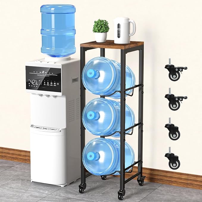 5 Gallon Water Bottle Jug Holder 3-Tier Water Bottle Holder Organizer with Lockable Casters Heavy Duty Water Storage Rack Water Dispenser Stand With Wood Top Shelf for Kitchen Office Garage Brown by Dataroad+Selead