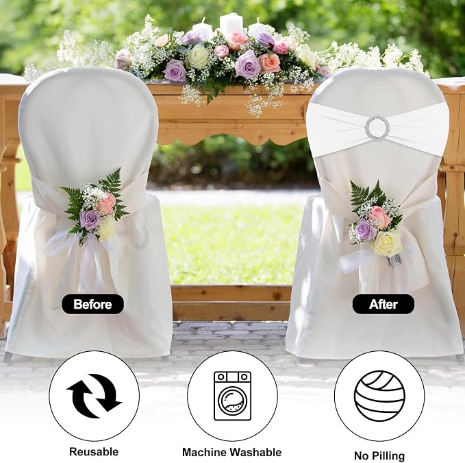 White Chair Sashes 25 Pack Spandex Stretch Chair Band Sashes with Buckles for Folding Chairs Wedding Party Reception Baby Shower Events Banquet Decorations - Image 4