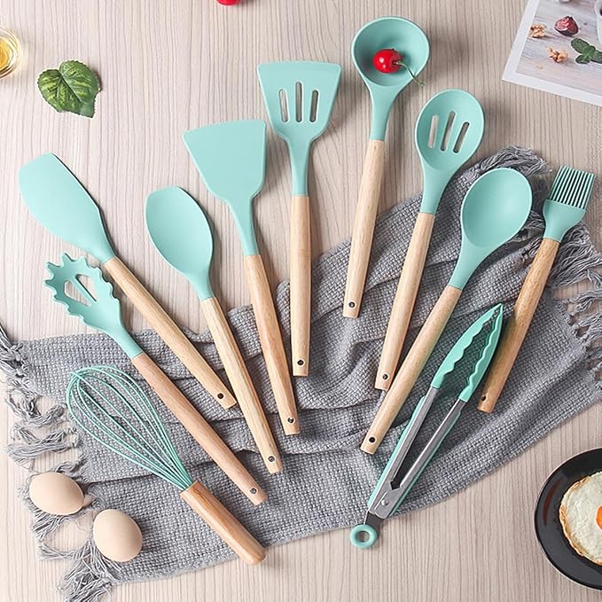 Kitchen Utensil and Knife Set with Storage, 19 in 1 Set with 11 Piece Silicone Cooking Utensils, 5 Pcs Sharp Stainless Steel Chef Knives Scissors Whisk Tongs and Cutting Board Teal - Image 8