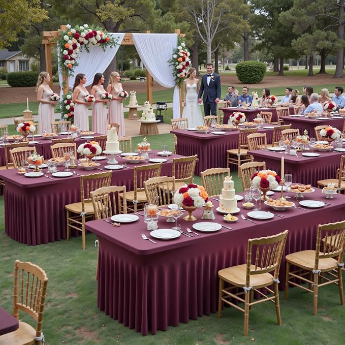 leegleri 4 Pack Burgundy Spandex Table Clothes for 6 Foot Rectangle Tables, Wrinkle Free Fitted Table Cover 6ft Stretch Tablecloths with Skirt for Parties Weddings Birthday Banquet Baby Shower by LeegleriTableSkirt